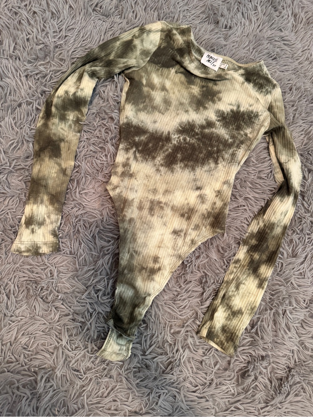 Princess Polly Olive Green Tie-Dye Ribbed Long Sleeve Bodysuit